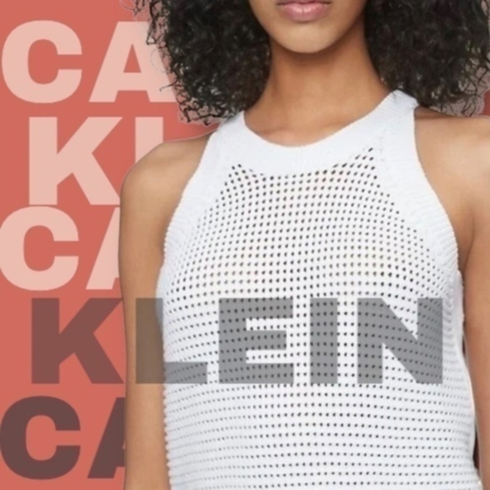 CALVIN KLEIN Sleeveless Open Stitch Halter-Neck White Cotton Sweater/XL NWT
